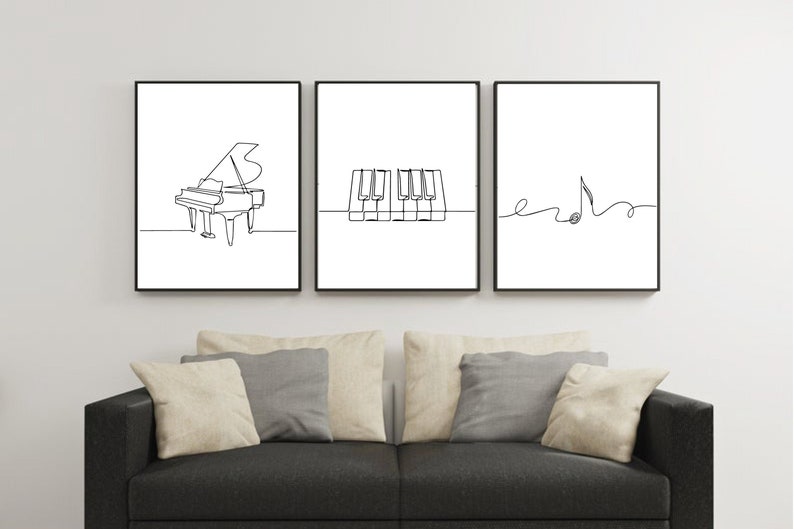 Minimalist music print, Piano poster, Set of 3 wall art, Music line art, Note printable, Single line, Digital, Instrument drawing gift image 5