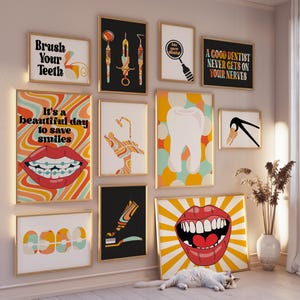 Fun Denim Bilder Set mit 11 Zeichnungen, Retro Zahnarzt Büro Dekor, Zahnmedizin Druck, Zahnbürste Poster, Klinik Digitale Datei, Tooth Groovy