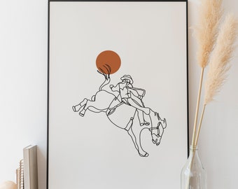 Minimalist Cowboy Line art, Digital Download, Horse Rider Lasso Print, Simple Horseback Sketch, Texas Riding Drawing, Wild West Western