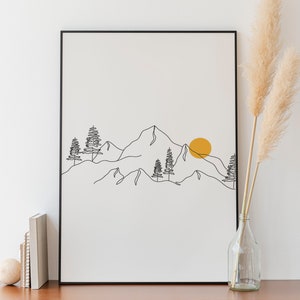 Minimalist Mountain And Sun Line art, Digital Download, Landscape prints, Outline Drawing, Simple Scenery Sketch, Room Decoration, Forest