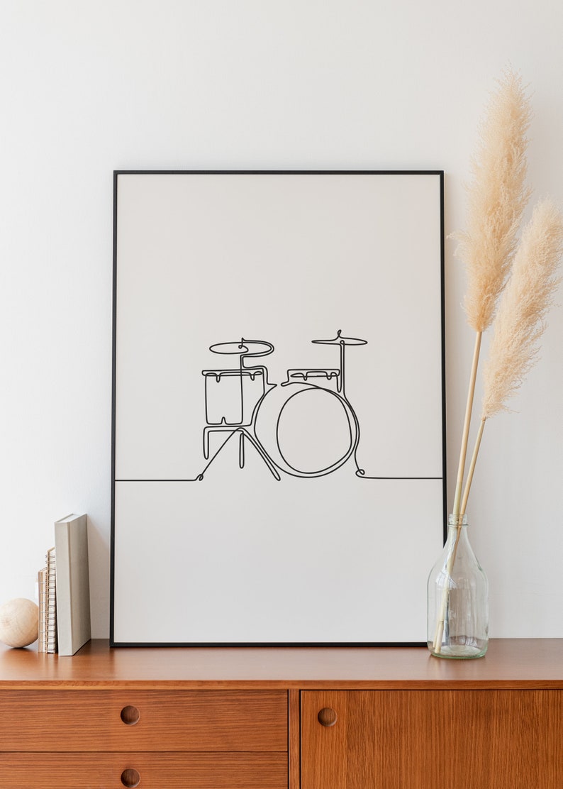 Minimalist Drums Line art, Digital Download, Music Print, Simple Sketch, Musical Printable, Musician Poster, Room Decoration, Black Outline image 1