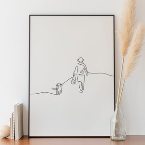 Minimalist Walking With Dog Line Art, Digital Download, Pet Drawing Printable, Human Gift Poster, Doggy Sketch, Puppy Artwork, Animal Print