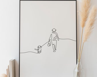 Minimalistisches Walking With Dog Line Art, digitaler Download, druckbare Haustierzeichnung, menschliches Geschenkposter, Hundeskizze, Welpe-Kunstwerk, Tierdruck