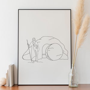 Minimalist Empty Tomb Line Art , Digital Download, Religious print, Jesus Christ Poster , Burial, Outline Drawing, Christian, God with lamb