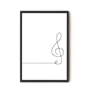 May include: A black and white line drawing of a treble clef in a simple, minimalist style. The clef is framed in a black frame.