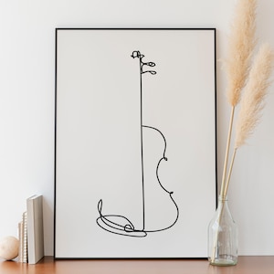 Arte de línea de violín minimalista, descarga digital, impresión de música de cuerda, dibujo de instrumentos, boceto simple, regalo imprimible, decoración de la habitación