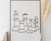 Minimalist Chess Line art, Digital Download, Sport Print, Board Game Printable, Piece Drawing Poster, Gift Wall Art Decoration