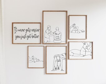 Könnte beinhalten: Eine Sammlung von sechs gerahmten Kunstdrucken mit Strichzeichnungen, die verschiedene Physiotherapieübungen und -behandlungen darstellen. Ein Druck zeigt den Text "It never gets easier you just get better."
