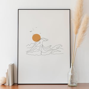 Minimalistische Sonnenuntergang Welle Kunstwerk, Ozeanlinie Kunst, digitaler Download, Sonnenaufgang einfache Skizze, Natur Meer, Landschaft Landschaft, Zeichnung Dekoration