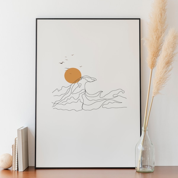 Minimalist Sunset Wave Artwork, Ocean Line Art, Digital Download, Sunrise Simple Sketch, Nature Sea, Landscape Scenery, Drawing Decoration