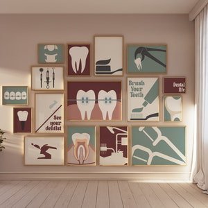 Retro Zahnarzt Galerie-Set mit 16 Zeichnungen, Zahnarztpraxis-Dekoration, Zahnmedizin-Druck, Zahnbürste Poster, Klinik Digitale Datei, Zahn, Zahnseide