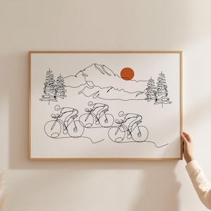 May include: A black and white line drawing of four cyclists riding through a mountain landscape. The cyclists are in a single file line, with the mountains and a red sun in the background.