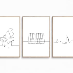 Minimalistischer Musikdruck, Klavier Poster, 3er-Set Wandkunst, Musik Linie Kunst, Note Printable, Single Line, Digital, Instrument Zeichnung Geschenk