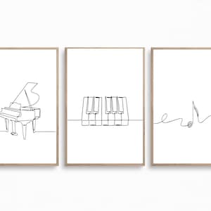 Minimalist music print, Piano poster, Set of 3 wall art, Music line art, Note printable, Single line, Digital, Instrument drawing gift