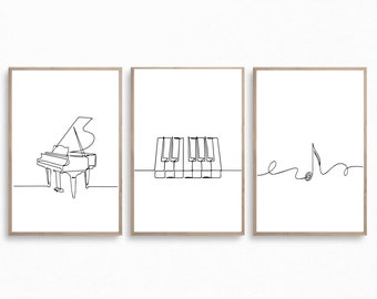 Minimalist music print, Piano poster, Set of 3 wall art, Music line art, Note printable, Single line, Digital, Instrument drawing gift
