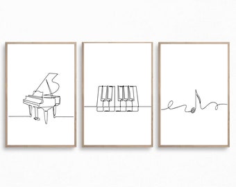 Minimalist music print, Piano poster, Set of 3 wall art, Music line art, Note printable, Single line, Digital, Instrument drawing gift