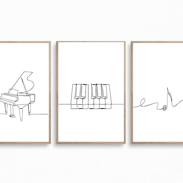 Minimalist music print, Piano poster, Set of 3 wall art, Music line art, Note printable, Single line, Digital, Instrument drawing gift