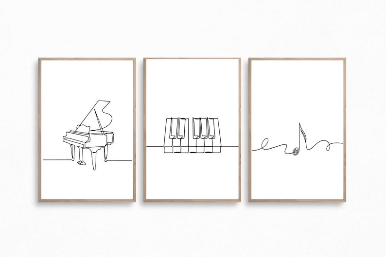 Minimalist music print, Piano poster, Set of 3 wall art, Music line art, Note printable, Single line, Digital, Instrument drawing gift image 1