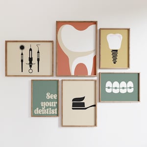 Retro Zahnarzt Galerie Set mit 6 Zeichnungen, Zahnarztpraxis Dekoration, Zahnmedizin Druck, Zahnbürste Poster, Klinik Digitale Datei, Zahn, Zahnseide