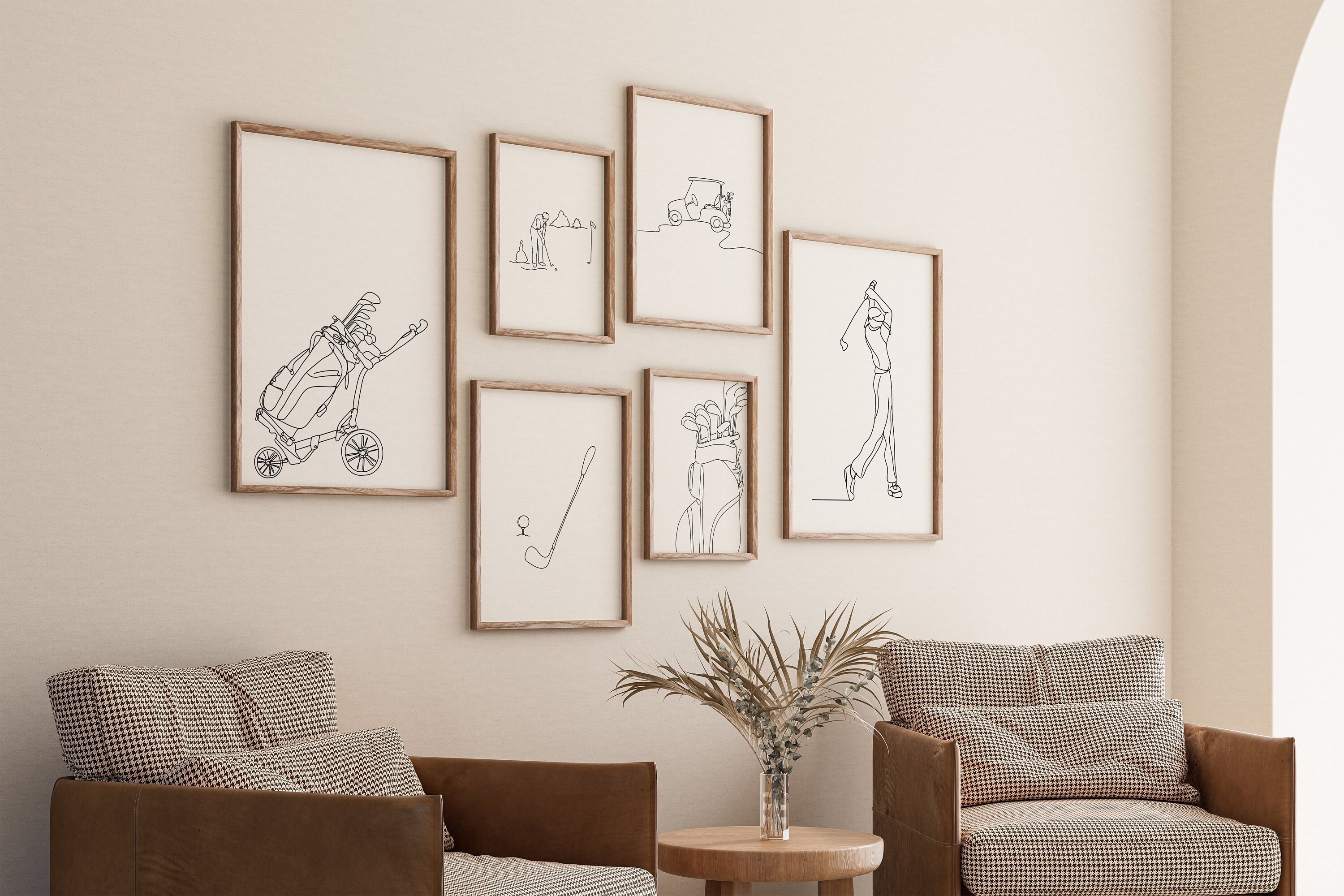 Golf Gallery Set of 6 Drawings, Minimalist Line Art Print, Golfing Poster, Athlete Artwork, Digital File, Fathers Day Gift, Cart Sketch