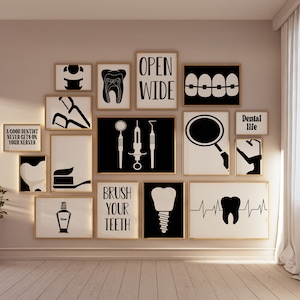 Zahnarzt Galerie-Set mit 16 Zeichnungen, Zahnarztpraxis-Dekoration, Zahnheilkunde-Druck, Zahnbürste Poster, Klinik Digitale Datei, Zahn, schwarz weiß