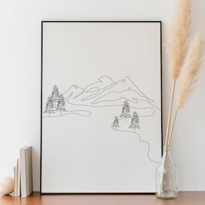 Minimalista Mountain Line Art, Download digitale, Poster di disegno di paesaggio, Contorno della natura, Stampa di paesaggio, Schizzo di pino della foresta, Decorazione