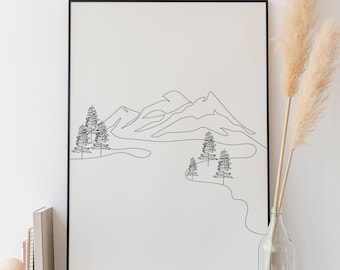 Minimalist Mountain Line Art, Digital Download, Landscape drawing poster, Nature Outline, Scenery Print, Forest Pine Tree Sketch, Decoration