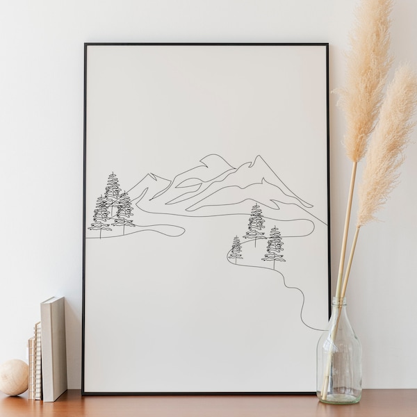 Minimalist Mountain Line Art, Digital Download, Landscape drawing poster, Nature Outline, Scenery Print, Forest Pine Tree Sketch, Decoration