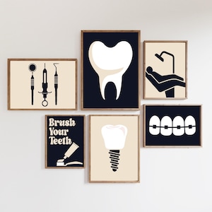 Retro Zahnarzt Galerie Set mit 6 Zeichnungen, Zahnarztpraxis Dekoration, Zahnmedizin Druck, Zahnbürste Poster, Klinik Digitale Datei, Zahn, Zahnseide