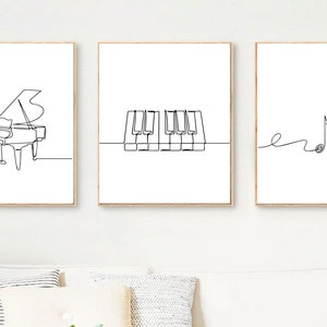 Minimalist music print, Piano poster, Set of 3 wall art, Music line art, Note printable, Single line, Digital, Instrument drawing gift image 3