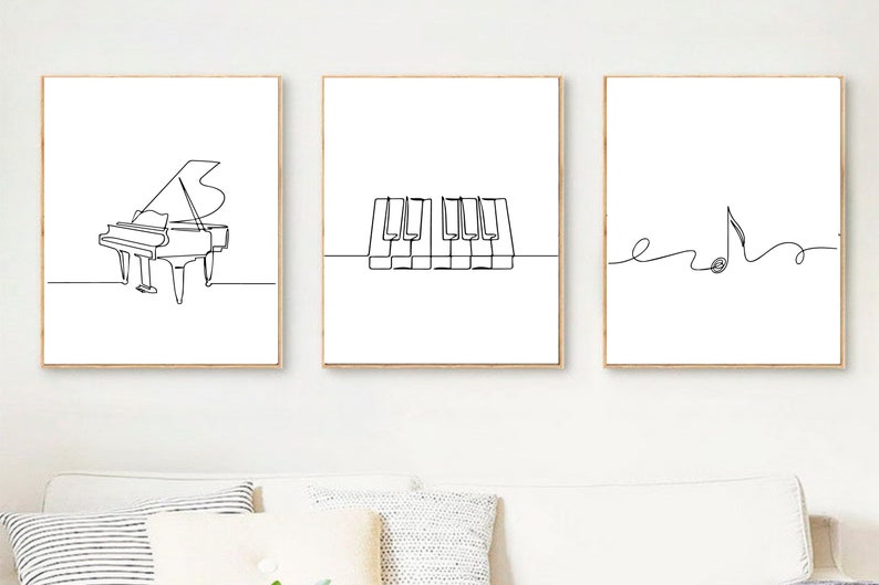Minimalist music print, Piano poster, Set of 3 wall art, Music line art, Note printable, Single line, Digital, Instrument drawing gift image 3