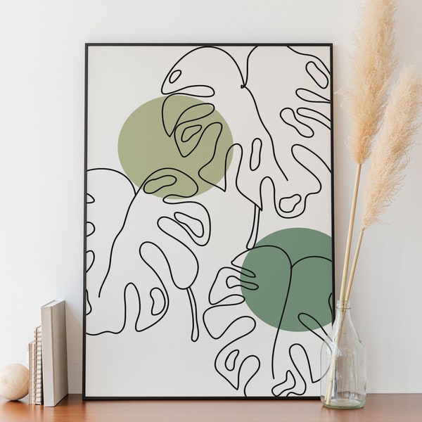 Minimalist Monstera Line art, Digital Download, Plant Leaves print, Outline Drawing, Room Decoration, Simple Sketch, Flower Poster Printable