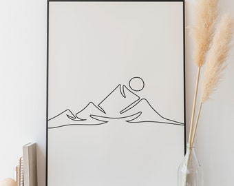 Wave Mountain Printable Wall Art, Black and White Line Drawing Art ...