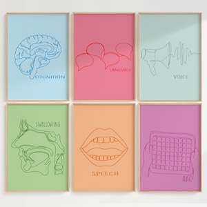 May include: Six colorful posters with line drawings illustrating different aspects of communication. The posters are labeled "Cognition", "Language", "Voice", "Swallowing", "Speech", and "AAC".