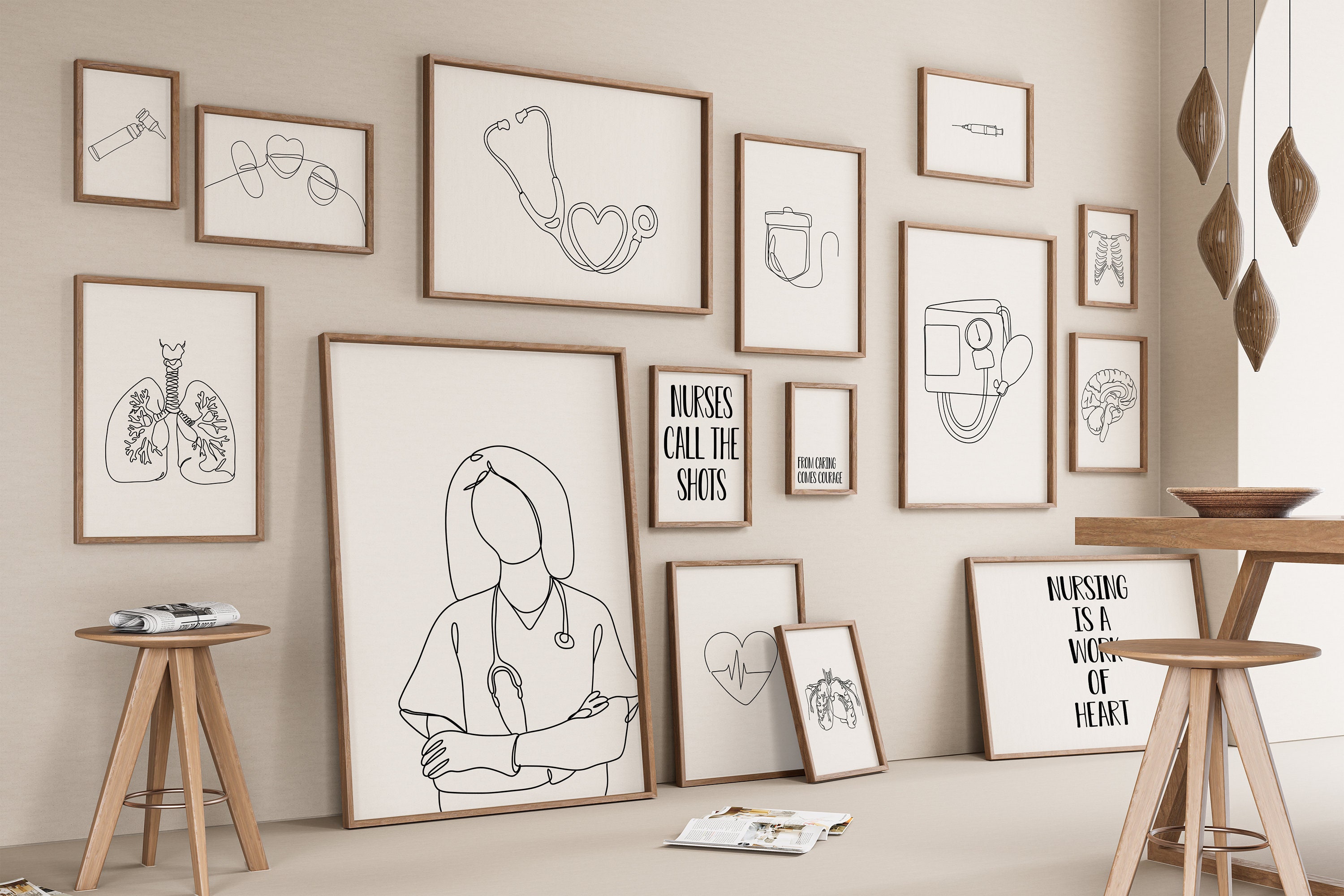 Nurse Gallery Set of 15 Drawings, Minimalist Line Art Print, Nursing Office Poster, Recovery Digital File, Medical Health, Doctor, Pediatric