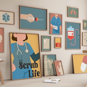 Ensemble de 15 dessins d'infirmière rétro, santé médicale, décoration de bureau, impression d'hôpital, affiche de médecin, fichier numérique de clinique, vie de gommage