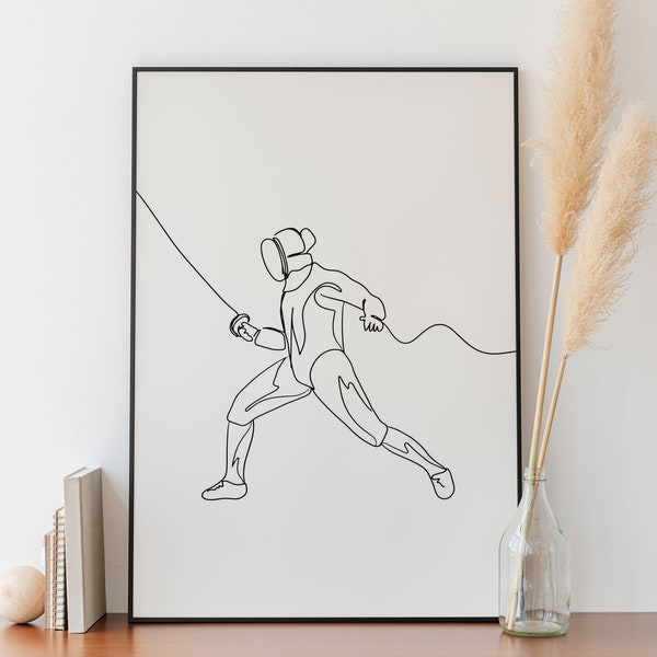 Minimalist Fencer Line art, Digital Download, Extreme Combat Sport Print, Fencing Printable, Sword Fighting Poster, Athlete Gift