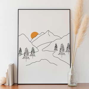 Minimalistische Berg Linie Kunst, druckbare Wandkunst, digitaler Download, Landschaftszeichnung Plakat, Naturdekor, Landschaft Sonnenaufgang, Wald Skizze