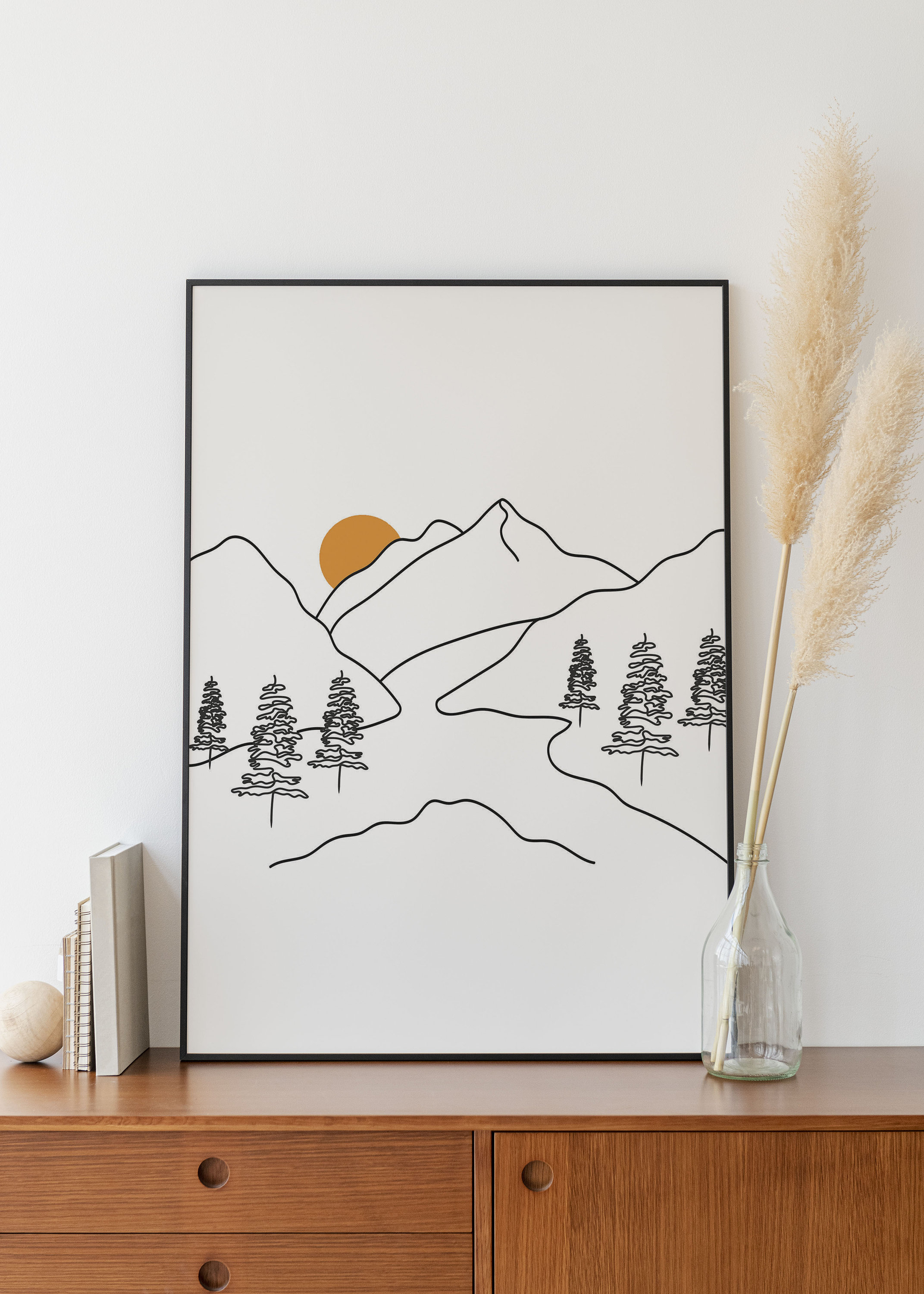 Minimalist Mountain Line Art , Printable wall art, Digital Download, Landscape drawing poster, Nature decor, Scenery Sunrise, Forest  Sketch