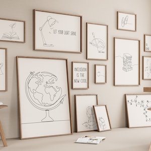 Teacher Gallery Set of 15 Drawings, Minimalist Line Art Print, School Office Poster, Kindergarten Digital File, Classroom Gift, Education