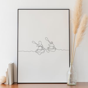 Impresión de arte lineal minimalista de kayak, impresión de deporte acuático, arte de pared de canoa, decoración de pareja en kayak en el lago, descarga digital, regalo