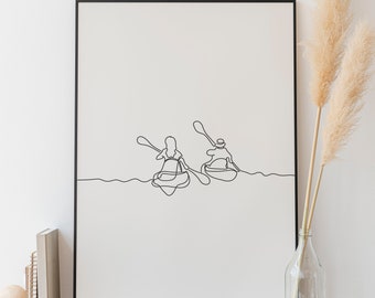 Minimalist Kayak line art print, Water Sport printable, Canoe wall art, Couple Kayaking on lake decor, Digital Download, Gift