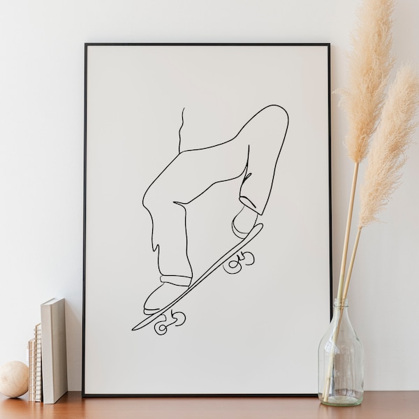 Minimalistische skateboardlijntekeningen, digitale download, sportafdrukken, jongen schaatsen, schetstekening, eenvoudige schets, kamerdecoratie, atleet