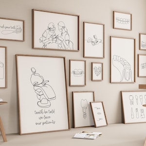 Zahnarzt Galerie Set mit 15 Zeichnungen, Zahnarztpraxis Dekoration, Minimalistische Linie Kunstdruck, Zahnbürste Poster, Klinik Zeichnen Digitale Datei, Zahn