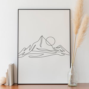 Minimalist Mountain And Sun Line art,  Digital Download, Landscape prints, Outline Drawing, Simple Scenery Sketch, Room Decoration, Gift