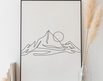 Minimalist Mountain And Sun Line art,  Digital Download, Landscape prints, Outline Drawing, Simple Scenery Sketch, Room Decoration, Gift