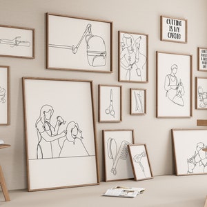 Hairdresser Gallery Set of 15 Drawings, Beauty Saloon Decoration, Minimalist Line Art Print, Barber Poster, Digital File, Hairstylist Gift