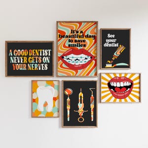 Lustiges Mund-Galerie-Set mit 6 Zeichnungen, Retro-Zahnarztpraxis-Dekoration, Zahnmedizin-Druck, Zahnbürste Poster, Klinik Digitale Datei, Tooth Groovy