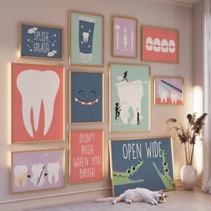Galería de 11 dibujos divertidos y coloridos de dentistas infantiles, decoración de consultorio dental, impresión de odontología, archivo digital de clínica, póster de dientes