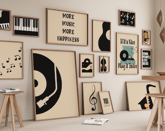 Retro Music Gallery Set of 15 Drawings, Piano Print, Guitar Poster, Musical Gift, Digital File, Saxophone Sketch, Record Player, Funky Notes